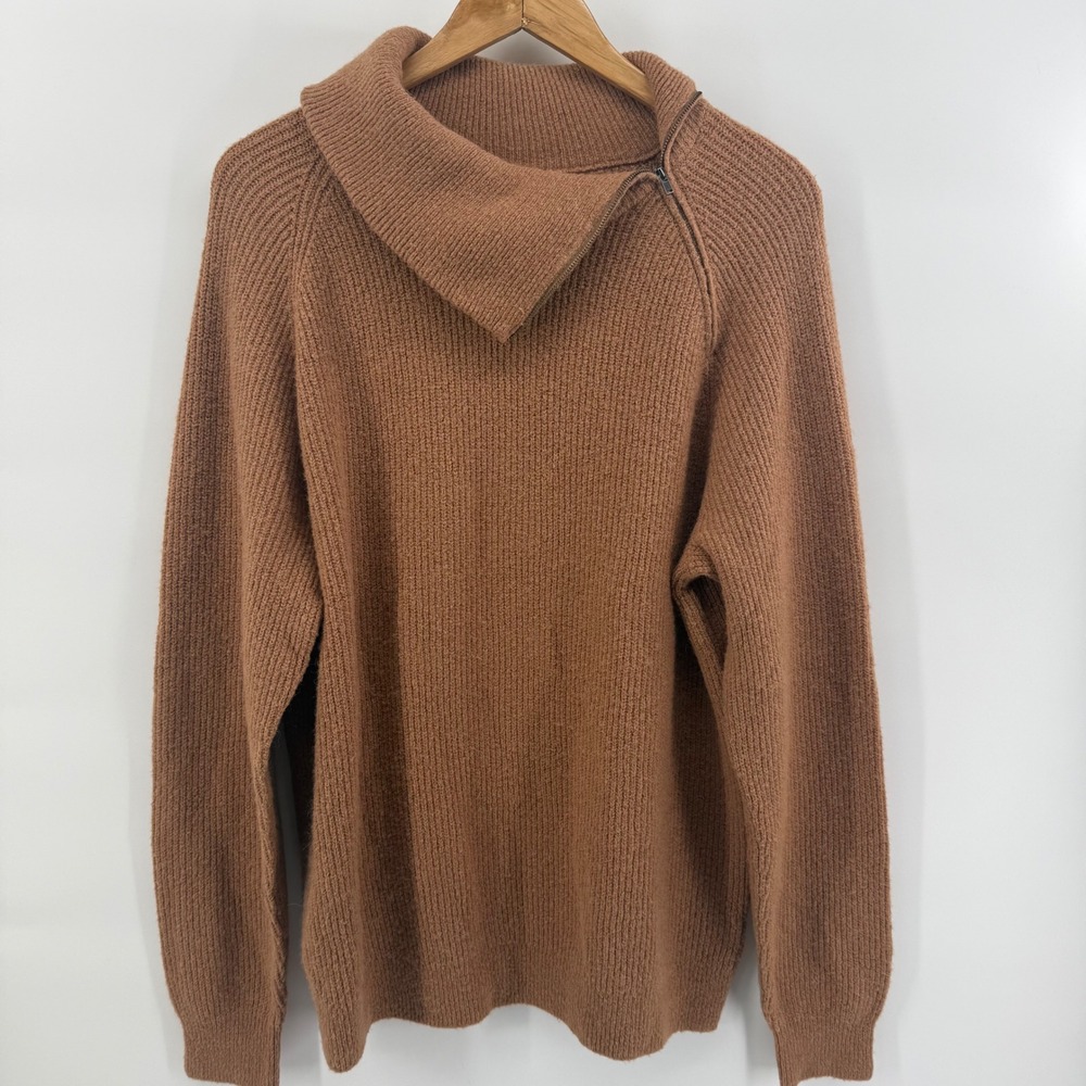 Nordstrom Womens Asymmetrical Zip Alpaca Wool Blend Sweater Camel Brown Large